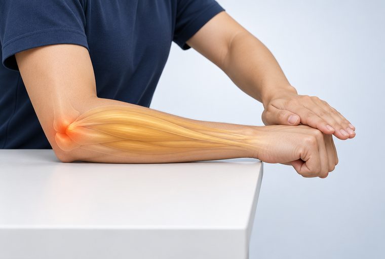 Resisted wrist extension test: the forearm resting on a table, palm down, with the fist trying to lift upwards while the other hand presses down on it; pain is felt on the outside of the elbow.